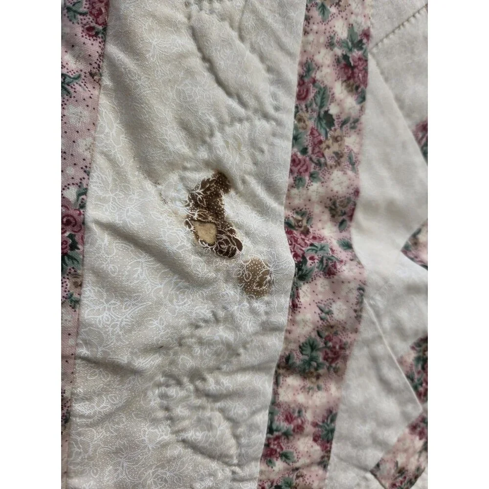 Handmade Floral Print Cotton Hand Quilted Lap Throw Coverlet Baby Quilt Rosettes